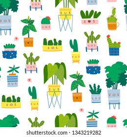 Various kawaii home plants with face emotions. Monstera, rubber plant and cacti. Indoor potted plants. Hand drawn trendy set. Cartoon flat vector seamless pattern