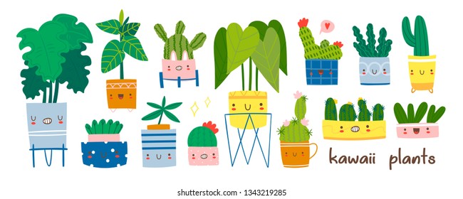 Various kawaii home plants with face emotions. Monstera, rubber plant and cacti. Indoor potted plants. Hand drawn trendy set. Cartoon flat vector illustration. Home decor. All elements are isolated