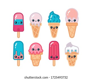 Various kawaii Ice cream. Cute outline characters. Colored Vector set. Cartoon japanese anime style, simple flat design. Trendy illustration. Every icon is isolated on a white background