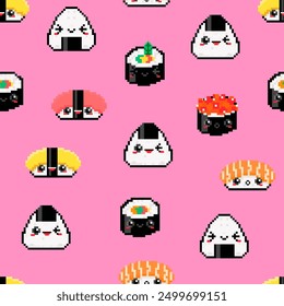 Various kawaii sushi with different face emotions. Pixel art. Hand drawn trendy Vector illustration. Cartoon style, flat design. Square seamless Pattern. Pink background, wallpaper