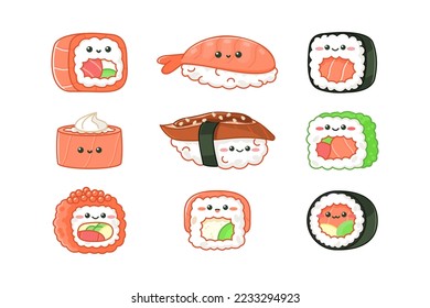 Various kawaii sushi and rolls. Cartoon characters. Isolated on a white background