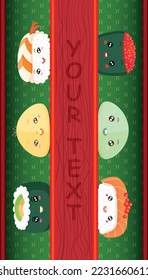 Various kawaii Sushi, rolls, nigiri. Hand drawn colored Vector set. Japanese cartoon style. Trendy illustration. All elements are isolated