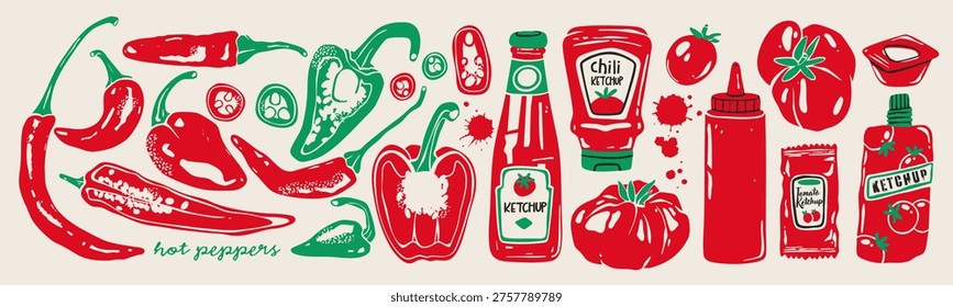 Various Ketchup sauces in bottles, tomatoes, Chili Peppers. Different container shapes. Plastic, glass bottles, soft package, sauce cup. Hand drawn Vector illustration. Isolated design elements 