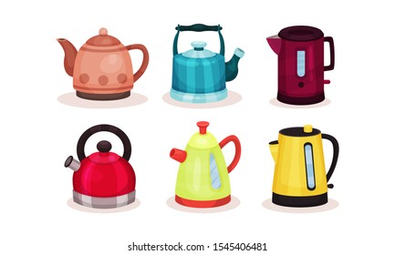 Various Kettles Vector Illustrated Set. Kitchenware Collection