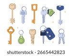 Various key blanks set. Apartment, home, car and other keys on keyholders. Locksmith service concept. Vector illustration.