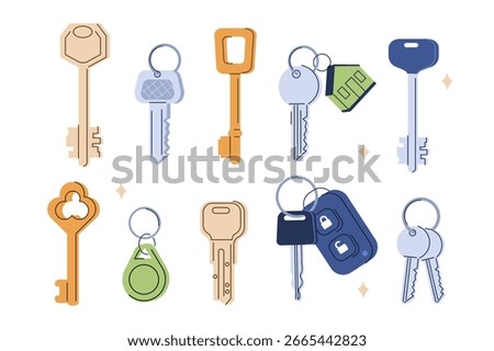 Various key blanks set. Apartment, home, car and other keys on keyholders. Locksmith service concept. Vector illustration.