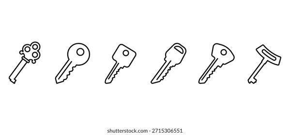 Verschiedene Schlüsselsymbole. Tastensymbolsatz. Klassische und moderne Schlüssel. Schlüsselvektorgrafik mit transparentem Hintergrund. Bearbeitbarer Strich.