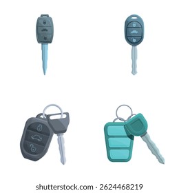Varios iconos clave establecen el Vector de dibujos animados. Electrónica frente de la llave del coche y sistema de alarma. Dispositivo de coche