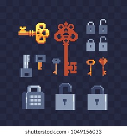 Various keys and combination lock pixel art icons set. Vintage key. Open lock. Design of websites, sticker, logo and mobile apps. 8-bit sprite. Game assets. Isolated vector illustration. 