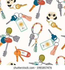 Various Keys with different Keychains. Keyholders and keyrings collection. Modern keys with pendants. Hand drawn Vector seamless Pattern. Home rental, property, real estate concept