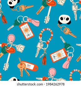 Various Keys with different Keychains. Keyholders and keyrings collection. Modern keys with pendants. Hand drawn Vector seamless Pattern. Blue background. Wrapping, textile template