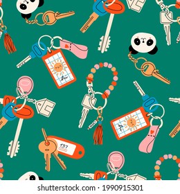 Various Keys with different Keychains. Keyholders and keyrings collection. Modern keys with pendants. Hand drawn Vector seamless Pattern. Green background. Wrapping, textile template