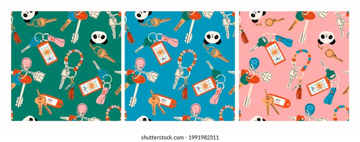 Various Keys with different Keychains. Keyholders and keyrings collection. Modern keys with pendants. Set of three Vector seamless Patterns. Background, Wrapping, textile template