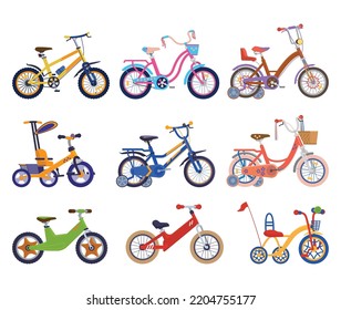 Various kids bikes or bicycles collection with different frame types for boys and girls of different ages, flat vector illustration isolated on white background.