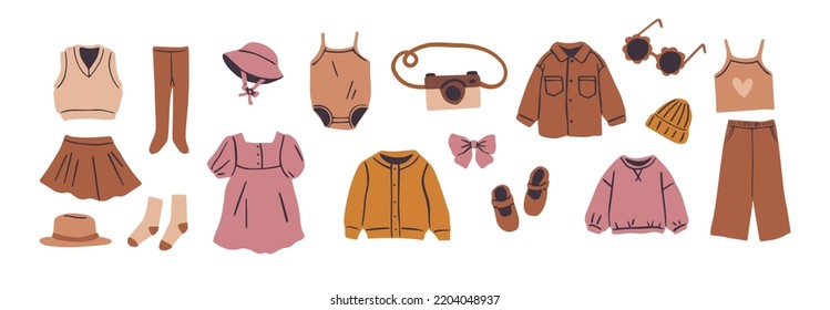 Various kid's clothing and accessories. Vector hand drawn illustration. All elements are isolated.