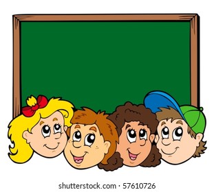 Various kids faces with blackboard - vector illustration.