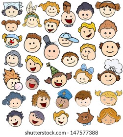 Various Kids Happy Faces - Vector Illustrations
