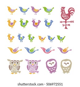Various kind of birds, rooster, weathercock, small bird and owl