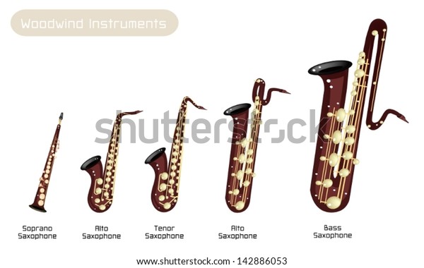 Various Kind of Brown\
Vintage Woodwind Instrument, Soprano Saxophone, Alto Saxophone,\
Tenor Saxophone, Baritone Saxophone and Bass Saxophone Isolated on\
White Background 