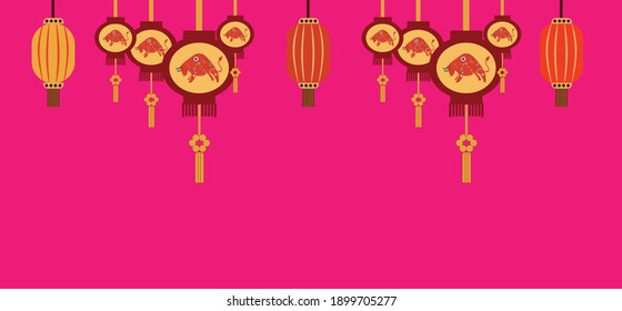 Various kind celebrations of Chinese new year 2021 with character of the ox. Vector abstract illustrations the chinese new year for poster, background or card. 
