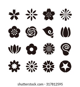 Various kind of flower icon, black and white illustration