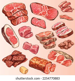 A Various Kind of Meat (Beef, Pork, Fillet, Mutton, Sirloin, Minced pork) in Set of Vector