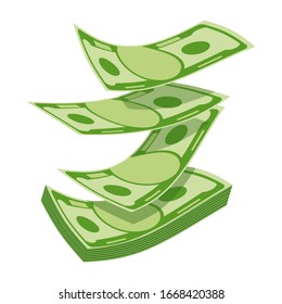 Various kind of money. Packing in bundles of bank notes, bills fly, gold coins. Flat vector cartoon money illustration. Objects isolated on a white background.