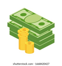 Various kind of money. Packing in bundles of bank notes, bills fly, gold coins. Flat vector cartoon money illustration. Objects isolated on a white background.