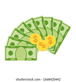 Various kind of money. Packing in bundles of bank notes, bills fly, gold coins. Flat vector cartoon money illustration. Objects isolated on a white background.