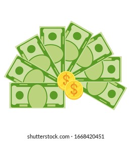 Various kind of money. Packing in bundles of bank notes, bills fly, gold coins. Flat vector cartoon money illustration. Objects isolated on a white background.