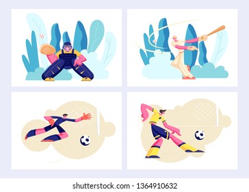 Various Kind of Sport Set, Games and Players in Action. Baseball Catcher, Batter, Football Soccer Attack Man, Goalkeeper Sport Characters in Team Uniform, Competition. Cartoon Flat Vector Illustration
