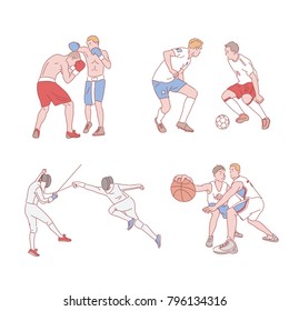 various kind of sports and player playing game. hand drawn style vector doodle design illustrations.