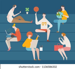 various kind of students character. flat design style vector graphic illustration set