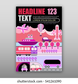 Various kind of transport for travel and journey. Vector template of magazine front page, size A4.