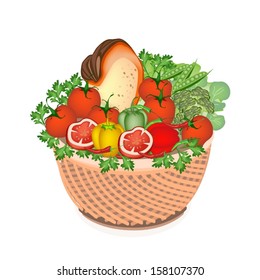 Various Kind of Vegetable and Vitamin Foods on A Beautiful Wicker Basket 