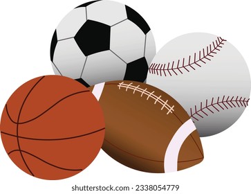 Various kinds of balls in sports. Four types of balls, basketball, baseball, football and, rugby isolated on transparent background