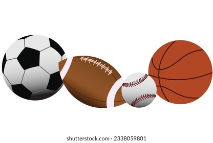 Various kinds of balls in sports. Four types of balls, basketball, baseball, football and, rugby isolated on transparent background