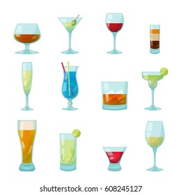 Various kinds of bar glasses with drinks and cocktails inside, shot, mojito, campari, champagne flute glass, wine. Isolated vector objects.