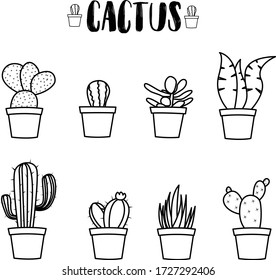 Various Kinds Of Cactus Are Made With Various Line Art Techniques 