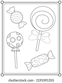 Various kinds of candy suitable for children's coloring page vector illustration