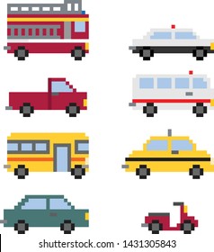 Various kinds of cars and vehicles in pixel art