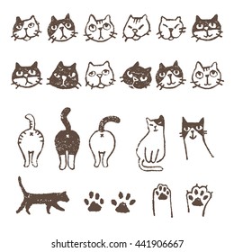 Various kinds of cats, face, paw, pad and footprint