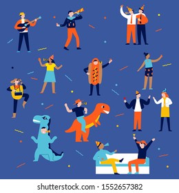 various kinds of characters of people who party on New Year's Eve, the concept of illustration of party people, with costumes and food celebrating the turn of the year