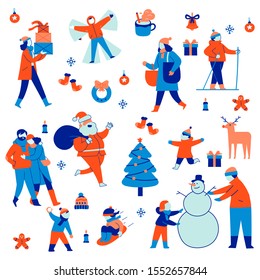various kinds of Christmas characters and winter activities, Santa Claus and various Christmas souvenirs, Christmas illustration characters and fun holiday activities