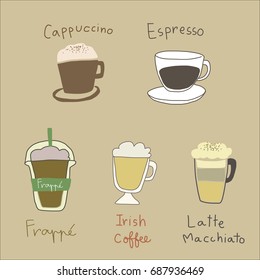 Various kinds of coffee beverage such as cappuccino, espresso, frappe, irish coffee, latte macchiato. Vector illustration with hand-drawn style.