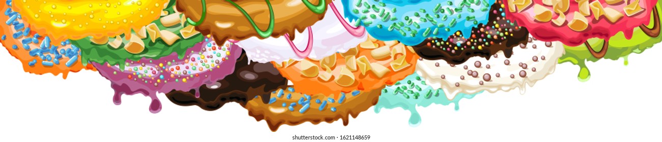 Various kinds of colorful glaze, sprinkles and toppings for donuts and other baked products. Vector Illustration