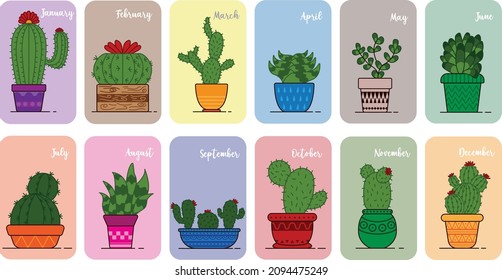 Varios tipos de plantas de cactus lindas con la descripción del nombre del mes. Ilustración vectorial de un gráfico. Perfecto para iconos de calendario, pegatinas, fondos, etc.