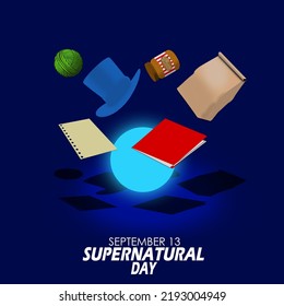 Various kinds of floating objects and glowing balls with bold text on dark blue background to commemorate Supernatural Day on September 13