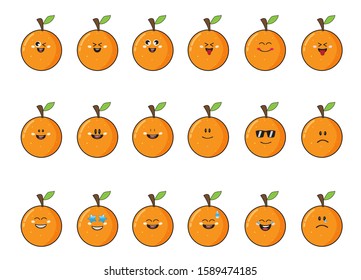 Various kinds of forms of orange face are smiling, crying, happy, cool, and others. Orange colored orange with a stalk on the head with one leaf