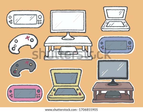 Various kinds of game machines.\
Without the\
colors, there is\
coloring.